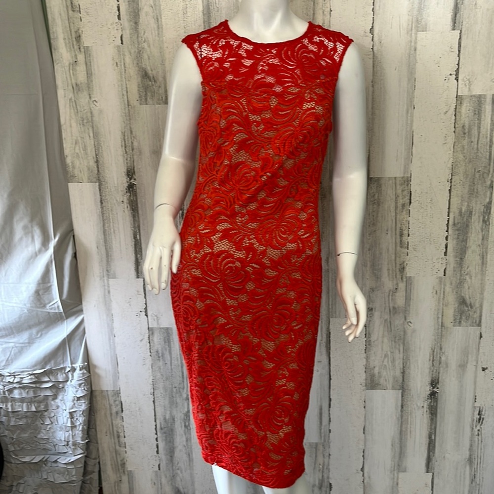 E7- small- womens orange/red lace dress size 4 WORTHINGTON